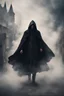 Placeholder: a man in a medival dark hooded cloke surrounded by smoke fullbody flying over a city