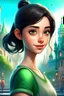 Placeholder: girl portraied as a disney character, disney developing style, disney main character with green eyes and short black hair, beautiful disney girl in a cityscape disney style background