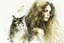 Placeholder: long haired woman with cat, white watercolor and black ink, golden glitters