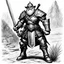 Placeholder: (black and white traditional pencil sketch digital drawing on paper by Ray Harryhausen) the senior AD&D dwarf ranger character class. Weapon: broad sword and long dagger, armour: preference for medium, powers: track, hide in wild, convince