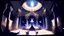 Placeholder: Drawing an imaginary character of a queen sitting on a throne, and behind the throne ((a dragon)) sitting inside a wide hall with columns and many people sitting around the edges of the hall. On the ceiling of the hall are bright stars and a scene of the galaxy, and the scene is three-dimensional.
