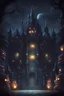 Placeholder: Outside the dark palace at night, where the lights are on, along with two monsters on the left and right