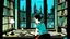 Placeholder: pen and ink, illustrated by hergé, a lonely woman inside her beautiful mid century modern NYC apartment with big windows overlooking the city at night. Sadness, stunning color scheme, masterpiece
