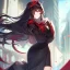 Placeholder: Clear focus,High resolution, Black sleeveless fluffy Shirt, Black short skirt with Red under it, Cut sleeves that are Black, Standing still, Black long hair, Red eyes, Red horns