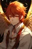 Placeholder: A male anime angel with messy red hair, gold eyes, large, feathered wings that look damaged.