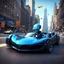 Placeholder: Magnetic blue cartoon alien driving a shiny black open sports car on a Manhattan road, character portrait by Mike Winkleman, featured in cgsociety, pop surrealism, rendered in cinema4d, daz3d, behance hd