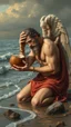 Placeholder: Charon on his knees on the shore holding coconut wearing crying angel holding his head