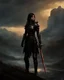 Placeholder: A formidable warrior girl in black armor, on the background Amazing gloomy landscape, flooded with sunset, mountains, trees, fabulous scary hero, , juicy emotions, painting, dark fantasy, gloomy day, dark world, portrait, by James Paick