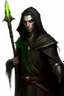 Placeholder: full length, mantle, hood removed, black with, holding a spear in his hand,