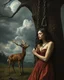 Placeholder: Bosch painting style, nightmare , a beautiful woman tided to a tree , with iron chains, And a deer is watching her sadly, trying to help her great quality picture with cinematic scenes , heavy clouds in the background