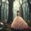 Placeholder: Bubbles and a pinch of surrealism... a wman in a ballgown made of bubbles, holding a transparent bubble, in a forest of surreal trees, with a open door into another room