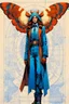 Placeholder: Hand drawn technical,full body portrait illustration , with detailed blueprints and engineering schematics of a walking Atlas moth insect girl, in the comic book art style of BILL SIENKIEWICZ and JEAN GIRAUD MOEBIUS, with highly detailed facial features, drawings, and technical notation, 8k, vibrant natural colors