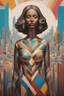 Placeholder: a painting of a woman standing in front of a city, op art, retro 3 d graphics, bronze - skinned, geometric curves, featured art, philosophical splashes of colors, art brought to life, facial symmetry