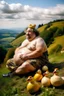 Placeholder: portrait by a hairy naked fat man he is near the duck dolls sitting on the hill in summer. like oil painting