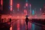 Placeholder: 3D, beautiful, light reflecting, empty future city skyline at night, rainy night, neon, cyberpunk, tron, one cyborg walking, 8k, finely detailed, photo realistic