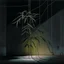 Placeholder: Minimal abstract oil painting of a plant in concrete warehouse brutalist architecture and hanging wires illuminated at night.In the style of Justin Mortimer and Frances Bacon