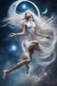 Placeholder: falling broken moon, gorgeous ethereal primal athletic goddess extraterrestrial female, flying upside-down, feet up, knees together,, curious expression, opal piercings, beautiful face, mesmerizing reflective galaxies in eyes, smooth translucent diamond skin, transcendental, mythic, mystic, warrior princess, wind blowing through long white hair,