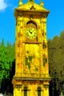 Placeholder: A golden yellow clock tower covered in acid painted by Claude Monet