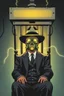 Placeholder: an electric chair with a man wearing a gas mask and wide brimmed flat top hat, graphic novel