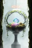 Placeholder: A semi transparent biome suspended above the pedestal, shrouded in mist, moving within overgrown moss vines, a sacred semi transparent object floating within the semi transparent sphere, a halo misty mist, inlaid in purple, green, and gold