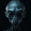 Placeholder: upper body shot of a super black skin alien, full head, 40 years old, looking at the camera, super big head, super big black eyes, small mouth, no ears, total black skin. photo real, hyperrealistic, high dynamic range, rich colors, lifelike textures, 8K UHD, high color depth. neutral dark background.