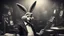 Placeholder: photorealistic deppressed dark melancholic sad Bugs bunny deppressed doing music rock and roll dark heavy metal on a scene alcoholic, ciggaretes ciggaretes ciggaretes