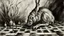 Placeholder: abstract painting, A wild rabbit is wreaking havoc on the chessboard, Charcoal, Ink combinated Analogue film photo, 1950s, candid, retro analog, 35mm film, film grain,