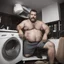 Placeholder: full figure shot photography, ugly turkish chubby plumber repairs boiler, burly, shirtless, hairy allover, manly chest, muscular big beefy 40 years old, dressed in boxer, big thighs, seen from below, frontal view, ambient occlusion, side light