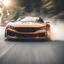 Placeholder: Facing front Sports car drifting around a corner, motion blur, narrow depth of field, lens flare, dynamic angle, asphalt spray, high octane energy