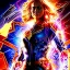 Placeholder: Captain Marvel,flying in the sky, hair on fire, realistic, vibrant colors, Kate beckinsale's face, long hair, gold angel wings, full body, in space, muscular, hyperrealistic