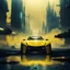 Placeholder: Ground level dark futuristic city scape. Yellow mist near the ground. torture scene silouhette. futuristic car in the foreground