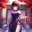 Placeholder: Clear focus,High resolution, one girls, Short brown hair, Purple eyes, Wearing a techy outfit standing with blurry sakura leafs falling down, Wearing a split skirt, Cut Sleeves, Gacha Animation