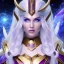 Placeholder: cosmic mage, elf, female, battle mage, epic, cosmic magic, long ears, white hair, face details, pale skin, jewellery, broad shoulders, sharp ears, cosmic clothes, cosmic eyes, ears shown, light out of eyes, the cosmos in eyes, stars in eyes, shining eyes, non human face, thin face, animation, detailed ears, magical eyes, non realistic, closed mouth