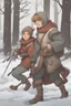 Placeholder: DnD style, two medieval peasant kids playing in the snow male and female, age 14 and 15, happy and playful, he has a short sword.