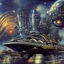 Placeholder: Steampunk scene of futuristic Victoria,galaxian fantasy airships flying over Manhattan in a cloudy sky,Giant sci-fi super-panzer in the style of John Berkey