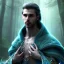 Placeholder: crazy detail, magical forest background, waterfall, blue but cloudy skies,close up of face and neck of cute dark male vampire poet wearing soft robes and blue gloves,dark stone statue, lively eyes,hidden hands, framed by foliage, shiny eyes, holding up scroll