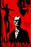 Placeholder: Mikhail Bulgakov’s The Master and Margarita, red background, black, white figures, bizarre, surreal, plakat by Jean Carlu