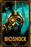 Placeholder: stunning stylish movie poster of BIOSHOCK video game with traditional Art Deco style with intricate borders, elegant typography, perfect lettering and vibrant colors typical to the era, gold nuances, turquoise, black and bronze, Bright and shiny, "BIOSHOCK" written in perfectly clear art Deco letters, gold and black, BIG DADDY deep sea diver features, art deco retro futuristic buildings of Rapture from the video game in the background