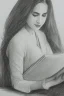 Placeholder: Pencil sketch of Young woman, Arab features,sad, long wavy hair, reading a book, full body، on lined paper