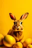 Placeholder: an old male deer smiling, with an a lot of easter decoration with a yellow background