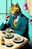 Placeholder: Cat, sitting at a table, eating sushi,perfect iris, ink and pencil, style Tintin