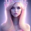 Placeholder: beautiful, soft, smiling face,long straight blonde hair blues eyes, crown on the head, clothing in transparent bluish and pink veil, background brillante bluish and pink,