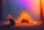 Placeholder: Against a dark cracked holographic marble background, a cute chibi plushy fluffy knitted and embroidered cat, tent, campfire, pond, mist and fog in sunshine, drawn in orange glowing neon lines. The cracks in the background are golden. Ethereal, cinematic postprocessing.