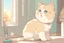 Placeholder: cute fluffy chibi beige cat with a giant thermometer in a modern room in sunshine