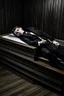 Placeholder: a man in black suit, white shirt, black pants, black shoe sleeping in a coffin