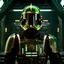 Placeholder: star wars bald male corellian pilot wearing black and bright gasoline green First Order special forces TIE pilot armored flightsuit and helmet with gold trim inside the jedi temple, centered head and shoulders portrait, hyperdetailed, dynamic lighting, hyperdetailed background, 8k resolution, volumetric lighting, light skin, fully symmetric details