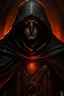 Placeholder: dungeons and dragons character portrait: man wearing old black robes over a dark silver breastplate. Hood is over his head, and his face is covered by a mask. The mans eyes are glowing orange.