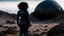 Placeholder: A woman in a catsuit standing on a beach of a rocky landscape with a crashed spaceship in the distance