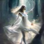 Placeholder: A sweet delicate music surrounding a gracious girl dancing barefoot in a forest, detailed beautiful face, she's wearing a white transparent dress, looks like a painting, volumetric lighting, depth of field