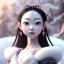 Placeholder: smooth hyper realistic, beautiful smiled Japanese goddess in crown, pale colors, dark cosmos background, cat еye, extremely sharp detail, finely tuned detail, ultra high definition, 8 k, unreal engine 5, ultra sharp focus, accurate sword wings, positive smile, lot of details, fit within portrait, Ambiance winter, perfect composition, perfect hair, perfect hands, finger up gestures